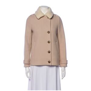 Sezane Hampton Coat Faux Fur Collar Peacoat Pink Beige US 2 XS
